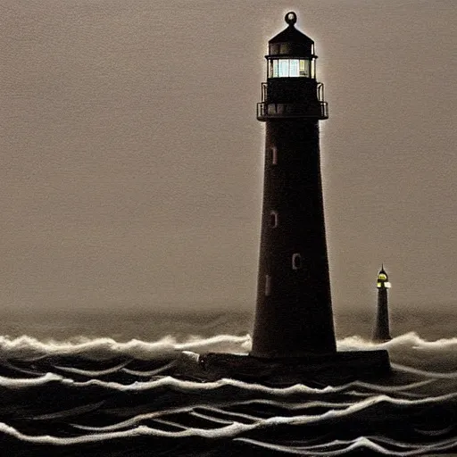 Image similar to a lighthouse on a lonely, stormy coast. the painting is characterized by its use of dark colors, its focus on the grotesque, and its overall feeling of gloominess. the use of deep blacks, grays, and dark greens gives it a very dark, foreboding tone. gothic elements provide an eerie, otherworldly quality.