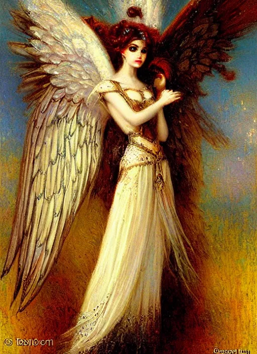 Image similar to vertical prtrait of an angel knight gothic girl, baroque dress. by gaston bussiere