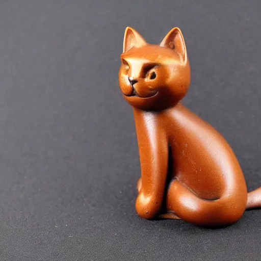 Image similar to elegant anthropomorphic cat figurine wearing a kimono, brown resin, toggles, very highly detailed, intricate, monotone, shy looking down