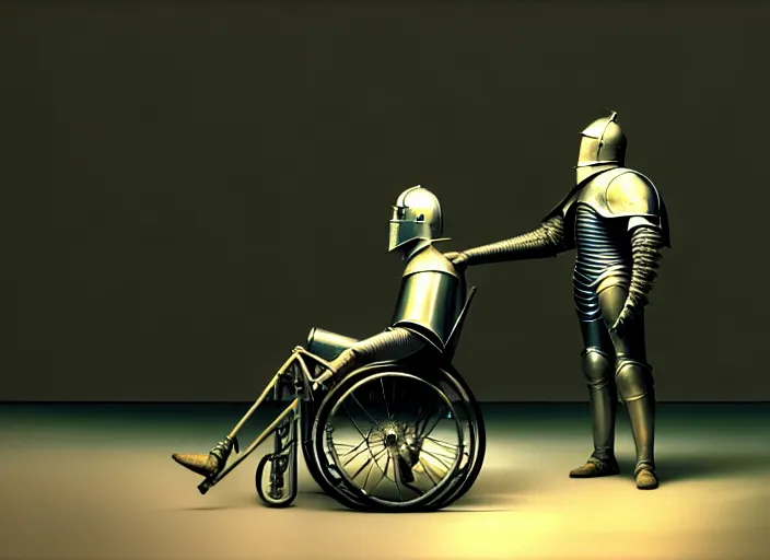 Image similar to knight in armor in a wheelchair do tricks, minsk, highly detailed, soft lighting, elegant, works by edward hopper and james gillard, zdislaw beksinski, stephen outram, andreas m wiese, highly detailed, masterpiece. rendered in blender, smooth shadows, ultra detail, high resolution, unreal 6, 8 k