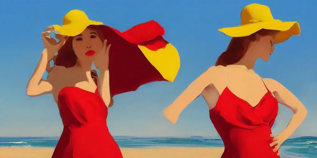 Prompt: beautiful oil matte portrait painting, young woman with red dress and mustard yellow summer hat at a beach on a sunny day, wonderful masterpiece highly detailed, beautiful cinematic light deep focus, elegant, digital painting, smooth, sharp focus, golden ratio, dramatic illumination, ultra realistic, 8 k, art by andy warhol