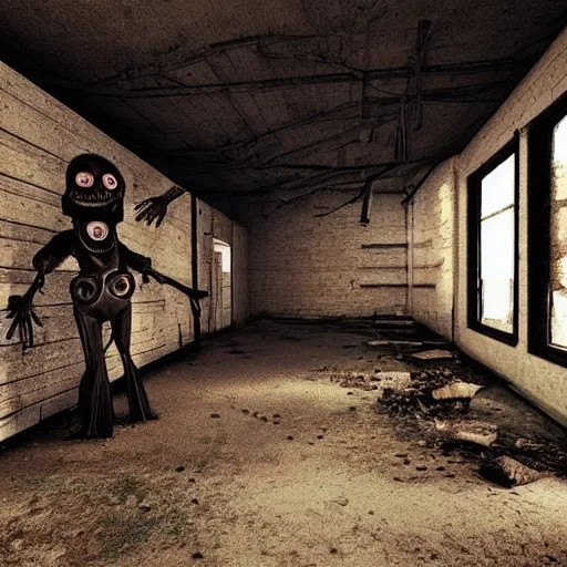 Prompt: “creepy animatronics in a disused warehouse, 3D render”