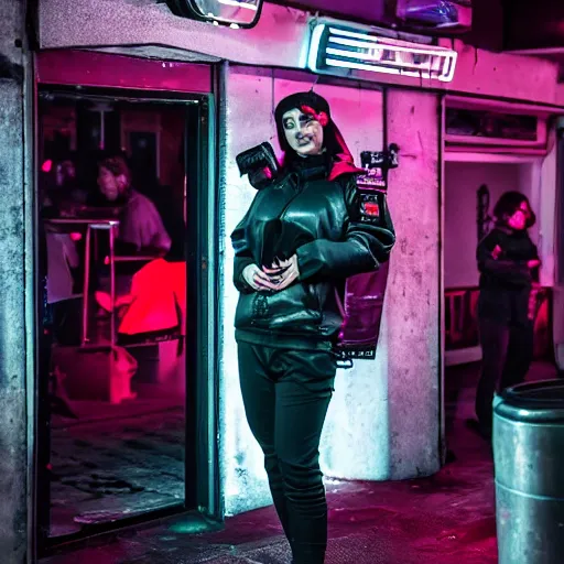 Image similar to photograph of a retro techwear women loitering near the bar of a packed busy rundown nightclub, retrofuturism, brutalism, cyberpunk, sigma 85mm f/1.4, 35mm, tilted frame, long exposure, 4k, high resolution, 4k, 8k, hd, wide angle lens, highly detailed, full color