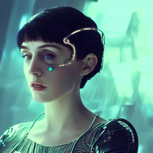 Image similar to beautiful Fine art photo of a young enraptured Enya as a cyberpunk robotic godess, photorealistic, centered, highly detailed and intricate, sun lighting, in the movie A.I. 8k