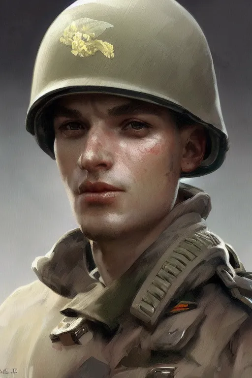 Prompt: A full portrait of a world war two soldier, intricate, elegant, highly detailed, digital painting, artstation, concept art, smooth, sharp focus, illustration, art by Krenz Cushart and Artem Demura and alphonse mucha