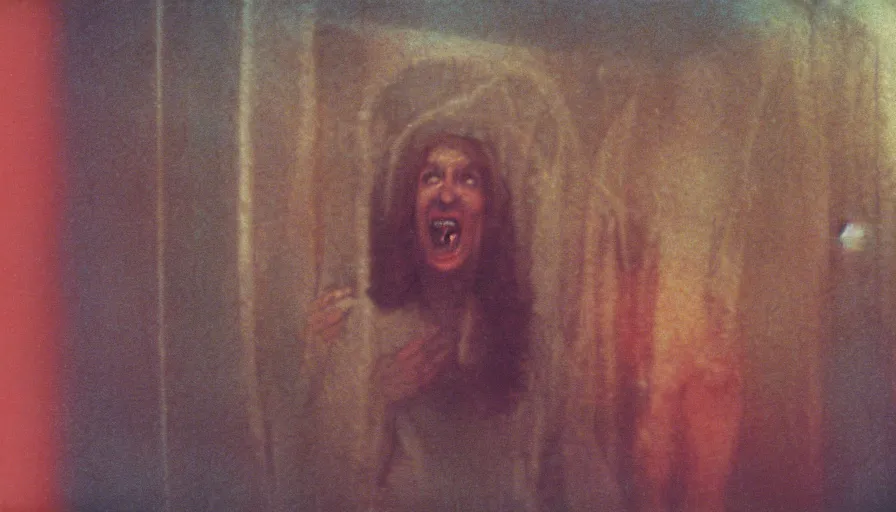 Image similar to 7 0 s film still from a horror movie about someone possessed and speaking in tongues, kodachrome, cinecolor, cinestill, film grain, film texture, retro, cinematic, high resolution, photorealism,