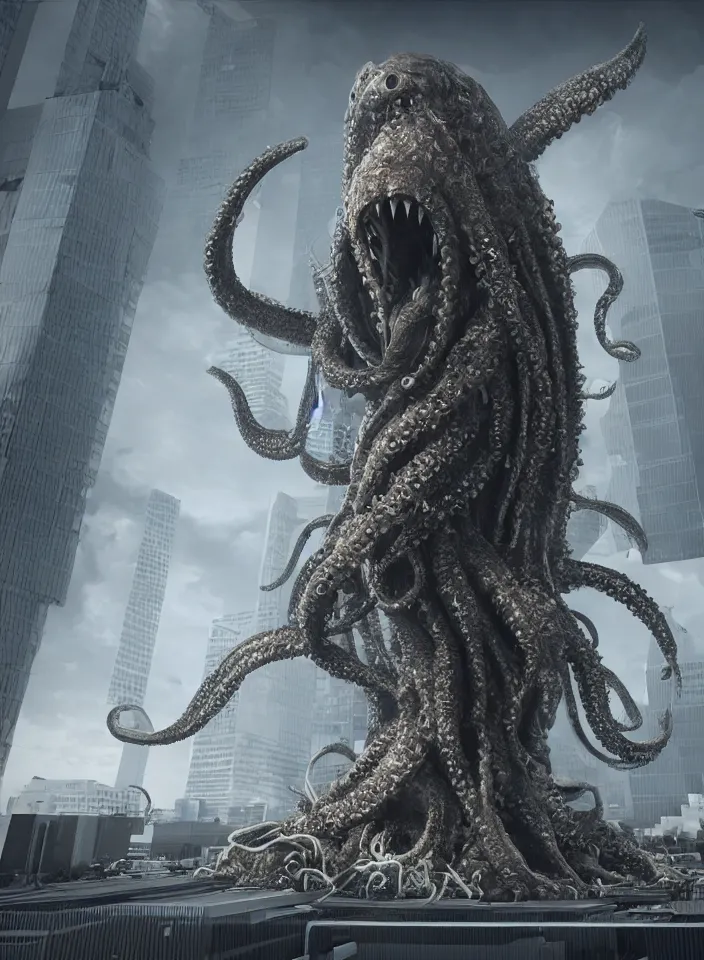 Prompt: A very giant Kraken-like multi-eyed monster jumped up with its jaws on a high-rise office building and wrapped his tentacles all around him. High detail, front view, photorealism, concept art, octane render, zoom, windows, 8k