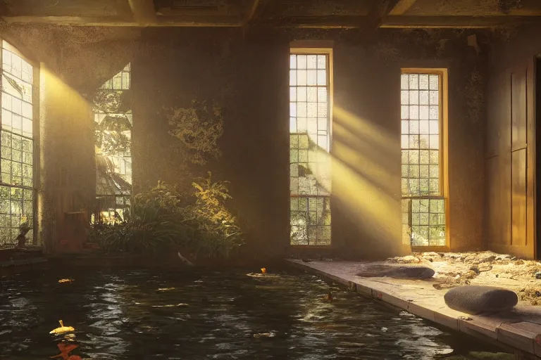 Prompt: the interior of an old abandoned house, a small pond in the center of the house. koi fish swim in the pond. golden rays of sunlight enter through the window., digital art, trending on artstation, matte painting, concept art, drawn by greg rutkowski, inspired by johannes vermeer, cold colors