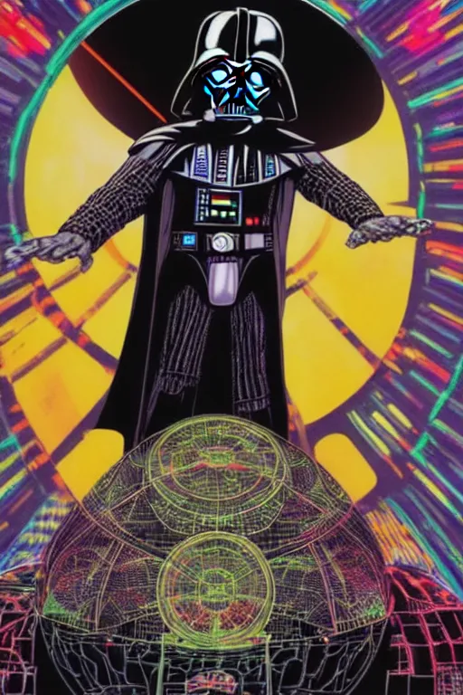 Image similar to closeup potrait of darth vader dj standing on a giant science fiction neon turntable at a astronaut rave, anti gravity, digital art, winning award masterpiece, fantastically beautiful, intricate, illustration, dan mumford, geof darrow, moebius, 8 k, octane, symmetrical