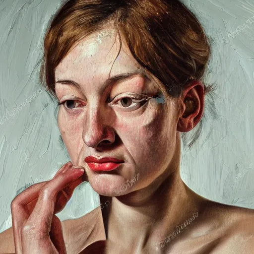 Prompt: high quality high detail painting by lucian freud, hd, 2 5 year old woman portrait, photorealistic lighting