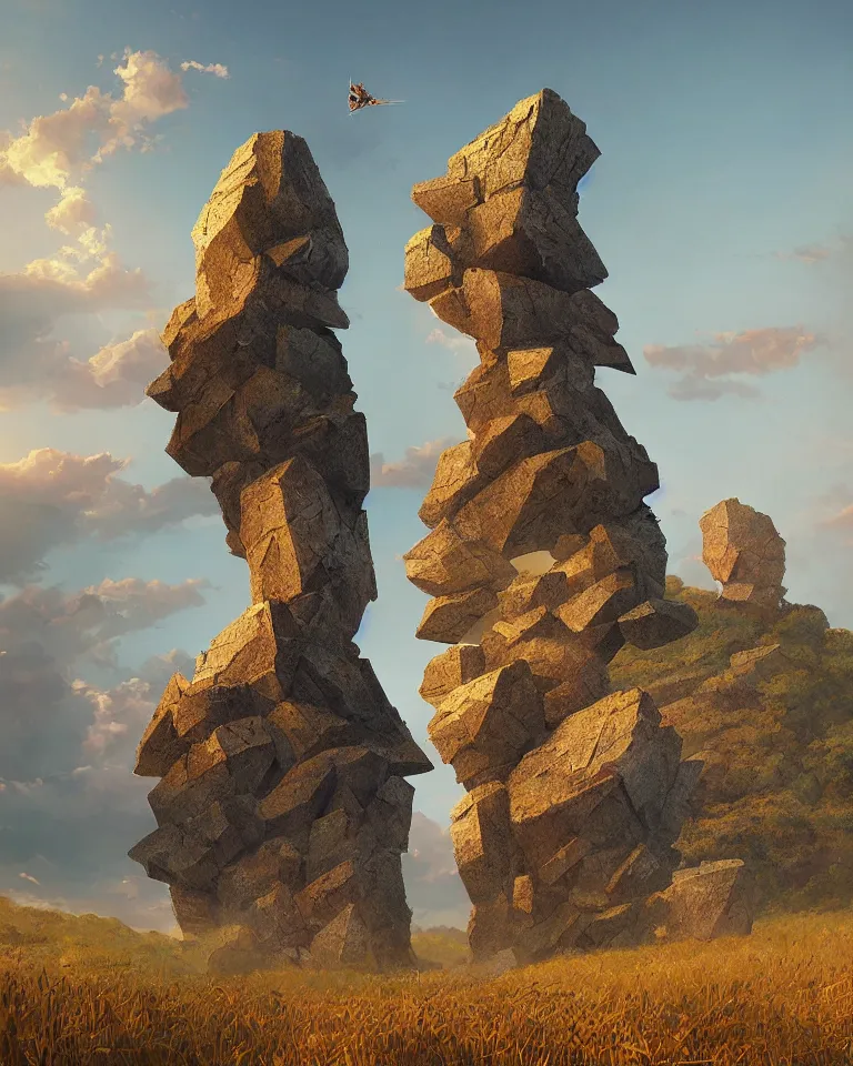 Image similar to wide shot of a tall and thin rock shard geometric statue hovering vertically thirty feet above a cornfield, late afternoon, golden hour, dramatic lighting, cinematic, highly detailed, smooth, sharp focus, concept art by greg rutkowski and marc simonetti