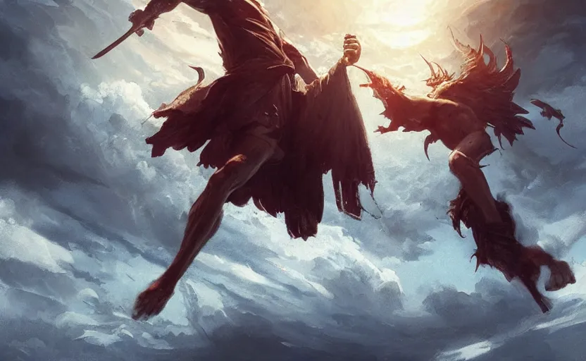 Image similar to Jesus Christ fighting Lucifer, digital art,ultra realistic,ultra detailed, ultra wide Lens, art by greg rutkowski