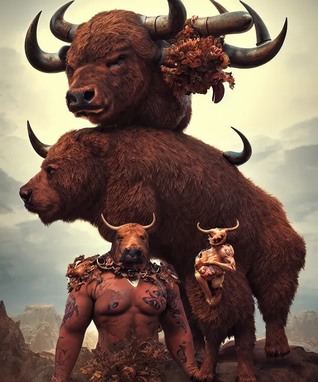 Image similar to an anthropomorphic bull holding a bear's head, crisp 8 k line art, digital painting, artstation, unreal engine, octane render, emissive lighting, concept art, matte, sharp focus, hyper realistic lighting, illustration, art by junto ito and takato yamamoto and philippe druillet