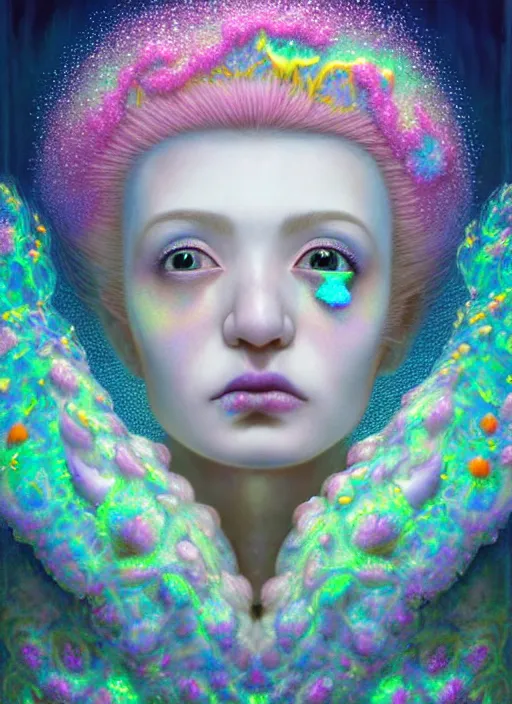 Image similar to hyper detailed 3d render like a Oil painting - kawaii portrait Aurora (white haired Singer Weasle) seen Eating of the Strangling network of yellowcake aerochrome and milky Fruit and Her delicate Hands hold of gossamer polyp blossoms bring iridescent fungal flowers whose spores black the foolish stars by Jacek Yerka, Mariusz Lewandowski, Houdini algorithmic generative render, Abstract brush strokes, Masterpiece, Edward Hopper and James Gilleard, Zdzislaw Beksinski, Mark Ryden, Wolfgang Lettl, hints of Yayoi Kasuma, octane render, 8k