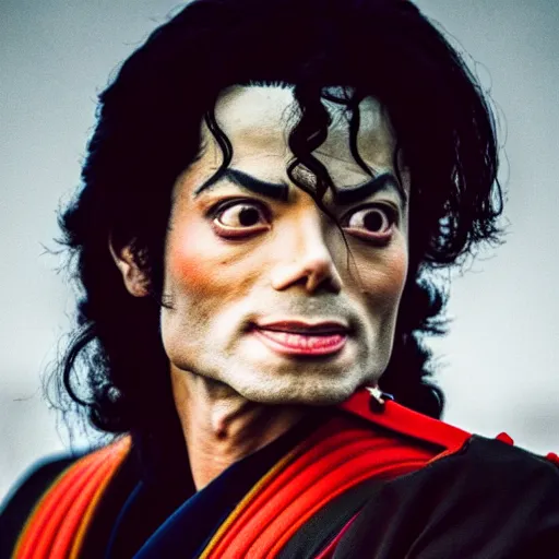 Prompt: a cinematic film still of Michael Jackson starring as a Japanese Samurai, portrait, 40mm lens, shallow depth of field, close up, split lighting, cinematic