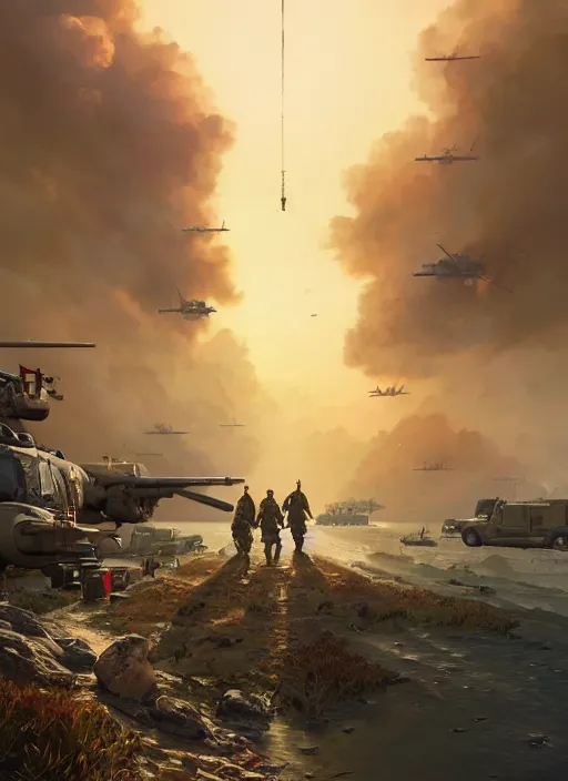 Image similar to highly detailed world war 3 illustration in gta v, stephen bliss, unreal engine, fantasy art by greg rutkowski, loish, rhads, ferdinand knab, makoto shinkai and lois van baarle, ilya kuvshinov, rossdraws, tom bagshaw, global illumination, radiant light, detailed and intricate environment