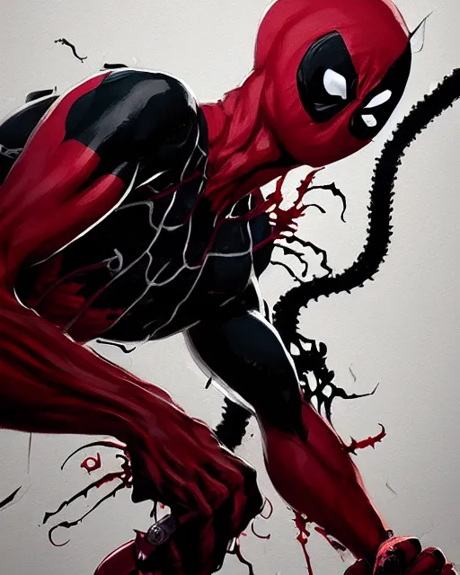 Image similar to highly detailed closeup portrait of a mutated venom symbiote in deadpool suit with a fierce expression, wielding his katana, by atey ghailan, by greg rutkowski, by greg tocchini, by james gilleard, by joe fenton, by kaethe butcher, red, black, crimson and grey color scheme