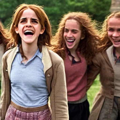 Prompt: Still of Emma Watson as Hermione Granger laughing with her friends. Prisoner of Azkaban. During golden hour. Extremely detailed. Beautiful. 4K. Award winning.