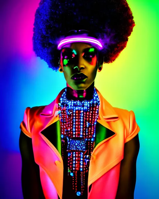 Image similar to afro futuristic portrait of a black woman. vivid neon lighting, colors. fashionable jacket, necklace. cyberpunk style, wearing a crown of blue crystals and diamond studs in the cosmos by manzel bowman