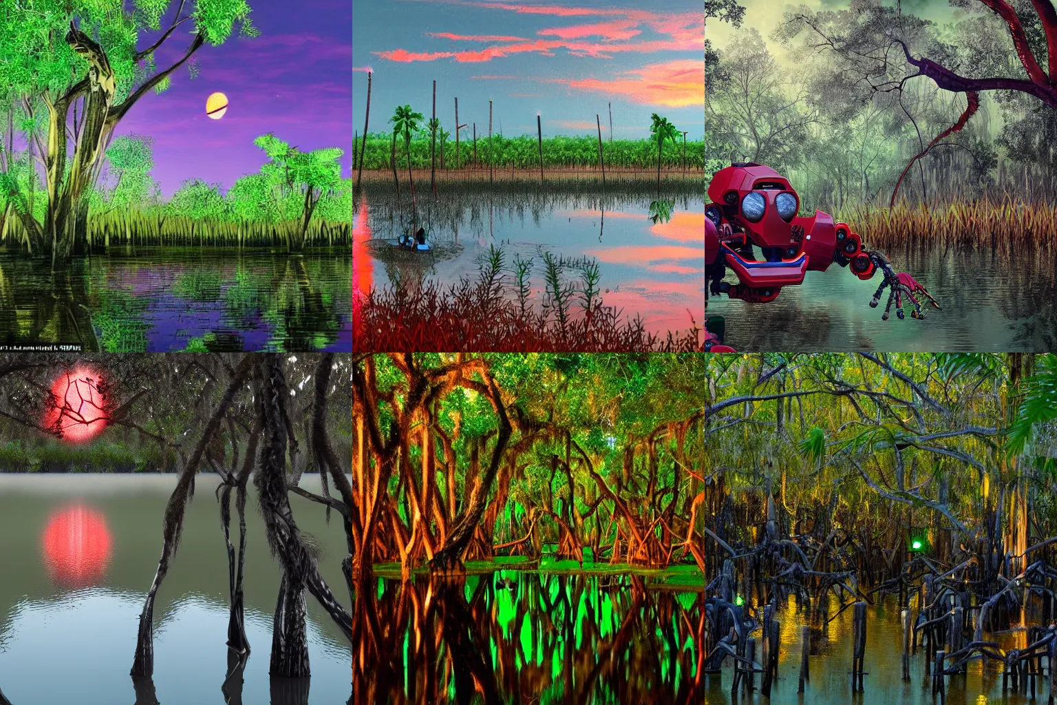 Prompt: florida swamp, mangrove trees, late sunset, photorealistic, mecha robots with glowing red lights, robots looking for escaped prisoners