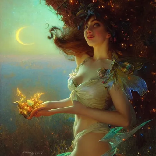 Image similar to attractive fairy magically floating high in the night, fantasy, full moon in background. highly detailed painting by gaston bussiere, craig mullins, j. c. leyendecker, mid shot, 8 k realistic, cryengine, frostbite 3 engine, sharp focus