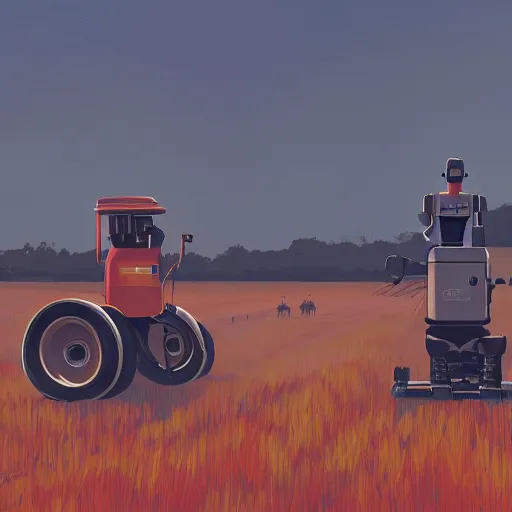 Prompt: Two robot farmers working in the field, detailed art by Ilya Kuvshinov