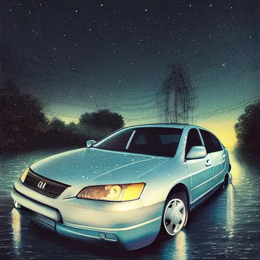 Image similar to 2003 blue Honda Accord leaking large puddle of oil onto driveway, midnight, moonlight, stark lighting, reflective puddle, pool, oil, by Scott Listfield and Mikko Lagerstedt