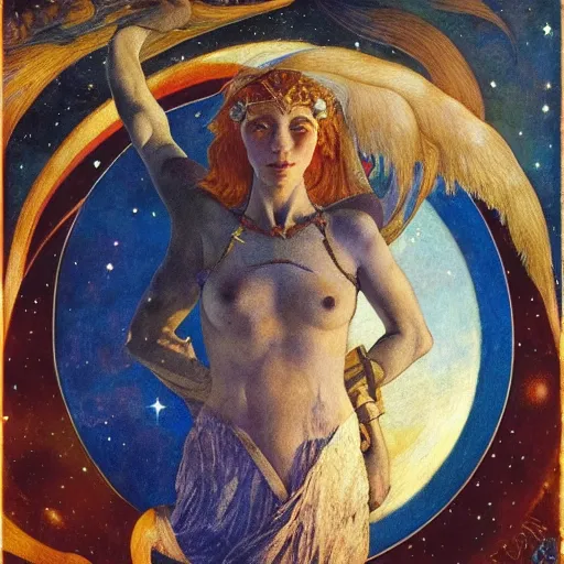 Prompt: queen of the moon with stars in her hair, by annie swynnerton and donato giancola and diego rivera and nicholas roerich and jean delville and charlie bowater and dulac, dramatic lighting, god rays, geometric tattoos, rich colors, smooth sharp focus, extremely detailed, leo and diane dillon, adolf wolfli