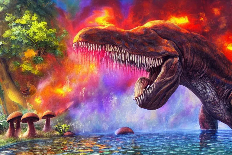 Prompt: highly detailed oil painting of a mushroom tyrannosaurus rex in a steaming colorful hotspring, featured on artstation