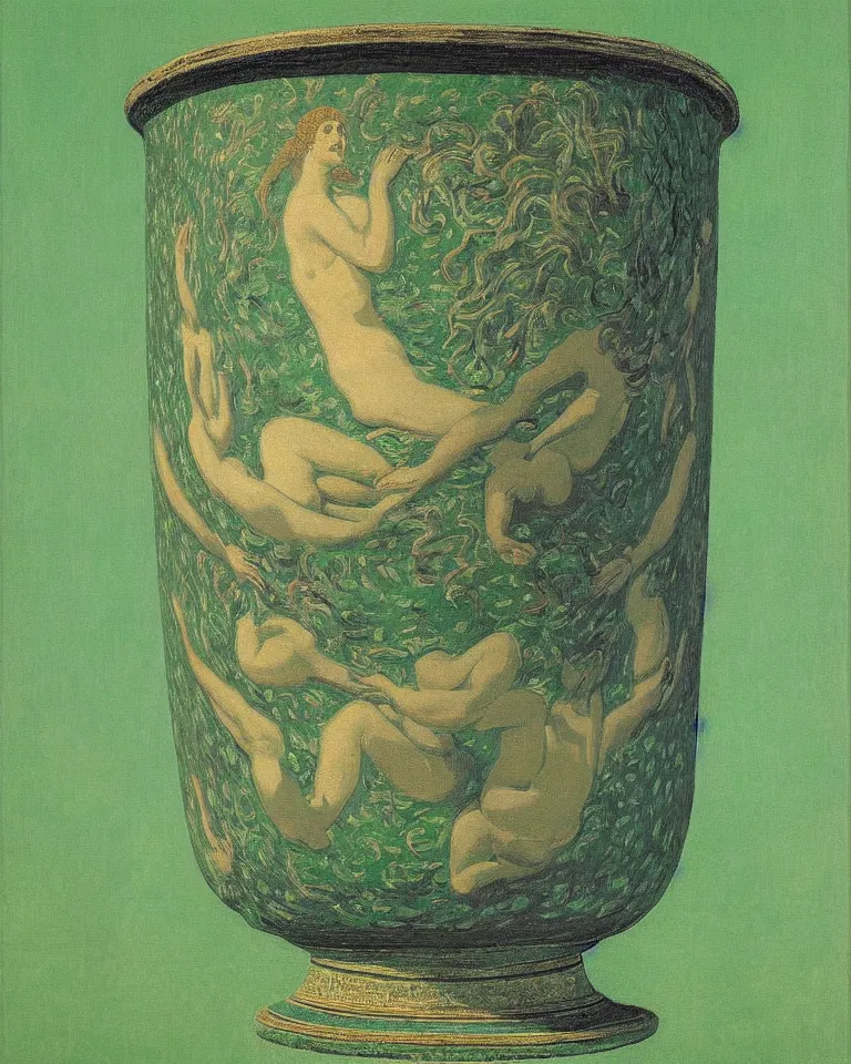 Prompt: achingly beautiful print of intricately painted ancient greek krater on a green pastel background by rene magritte, monet, and turner.