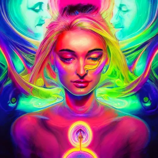 Image similar to a neon psychedelic chakra awakening kundalini ethereal portrait of kim petras with her eyes closed transcending to a higher plane of existence, eternal blessing, multiverse, by android jones, by ben ridgeway, visionary art, by artgerm, featured on artstation, cgsociety, by greg rutkowski