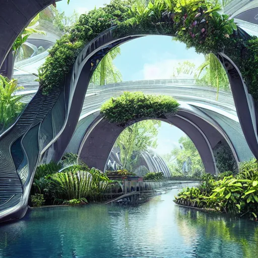 Prompt: A beautiful paradise with walkways, canals, stairs, fountains and arches, lush vegetation, flowers + by Eddie mendoza + futuristic but classical architecture by Zaha Hadid + Maya render, raytracing, awe-inspiring, sharp detailed focus, incredible post-processing lighting