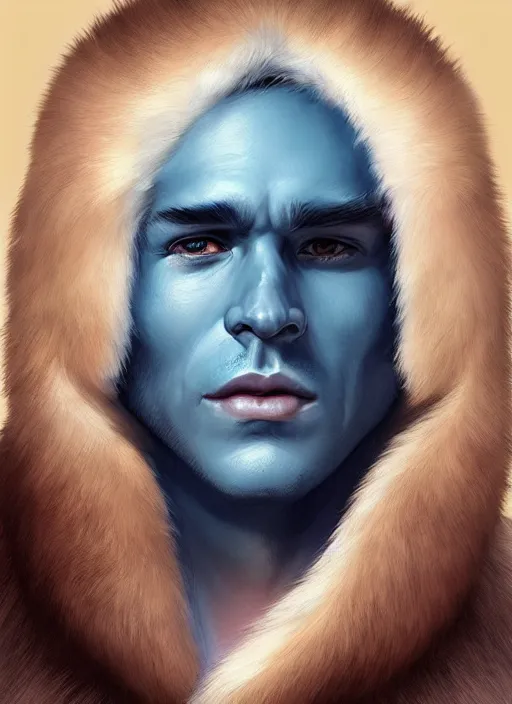 Prompt: portrait of a blue-skinned!! man wearing a fur coat, illustration, fantasy, by artgerm and Charlie Bowater, trending on ArtStation, masterpiece