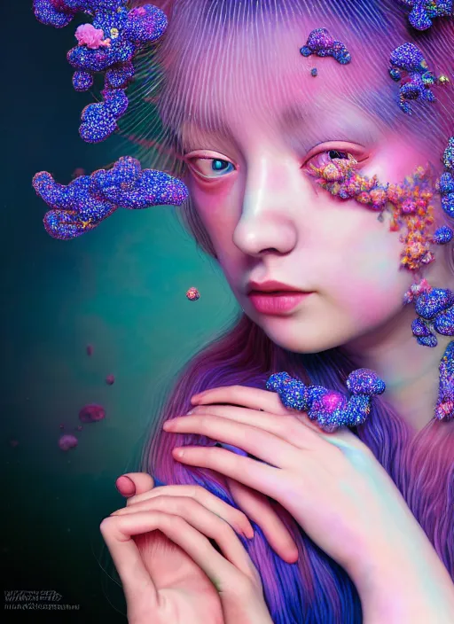 Image similar to hyper detailed 3d render like a Oil painting - kawaii portrait Aurora (Singer) seen Eating of the Strangling network of prussian blue and aerochrome and milky Fruit and Her delicate Hands hold of gossamer polyp blossoms bring iridescent fungal flowers whose spores black the foolish stars by Jacek Yerka, Mariusz Lewandowski, Houdini algorithmic generative render, Abstract brush strokes, Masterpiece, Edward Hopper and James Gilleard, Zdzislaw Beksinski, Mark Ryden, Wolfgang Lettl, hints of Yayoi Kasuma, octane render, 8k