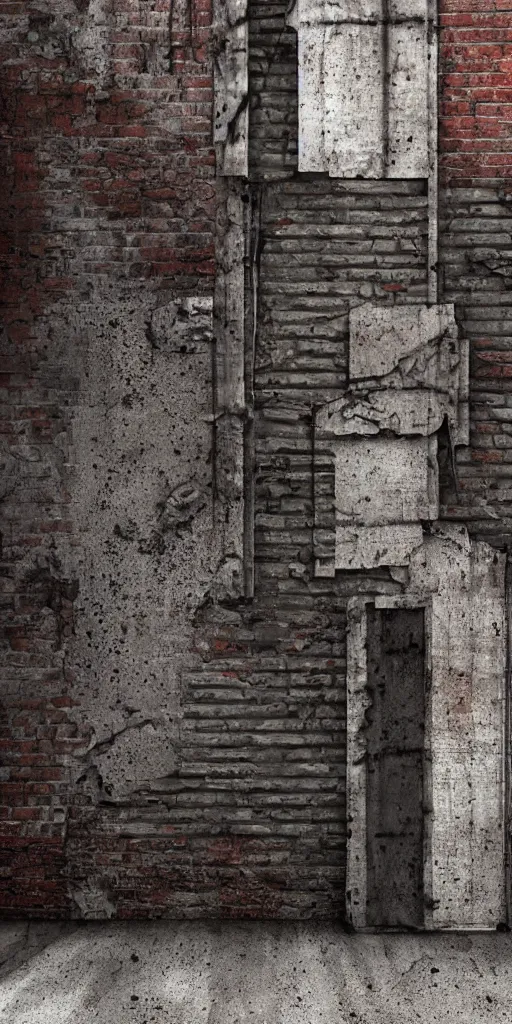 Image similar to texture of a grunge dirty alley, bullet holes, wall brick concrete plaster eroded worn, bullet holes, dark alley, hyper-realistic, ultra-realistic, intricate details, 4k, octane render, unreal 5, digital art