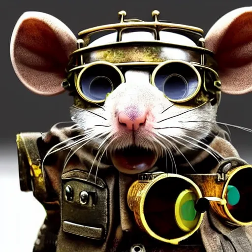 Image similar to a rat with steampunk googles, by Zack Snyder