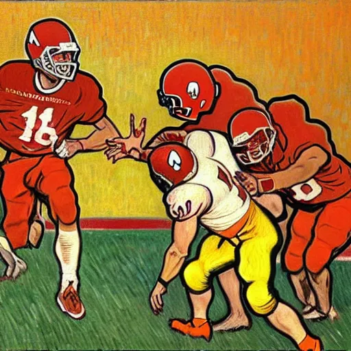 Image similar to painting of arkansas razorbacks players using a pumpkin as a football at the halloween jack o'lantern party, elegant, clear, painting, stylized, delicate, soft facial features, art, art by alphonse mucha, vincent van gogh, egon schiele