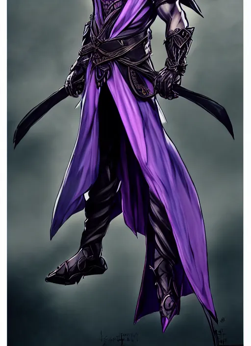 Image similar to Full body portrait of a handsome elven aristocrat with long black hair wearing purple mage robe. In style of Yoji Shinkawa and Hyung-tae Kim, trending on ArtStation, dark fantasy, great composition, concept art, highly detailed, dynamic pose.