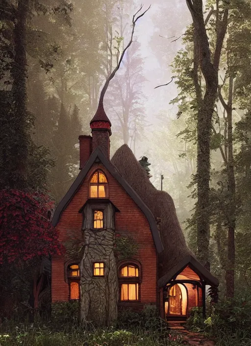 Image similar to hyper realistic homely witch cottage with random architectural styles, in the woods gorgeous lighting, highly detailed, lush forest painting by norman rockwell, james gurney zdzisław beksinski and norman rockwell and greg rutkowskiweta octane render