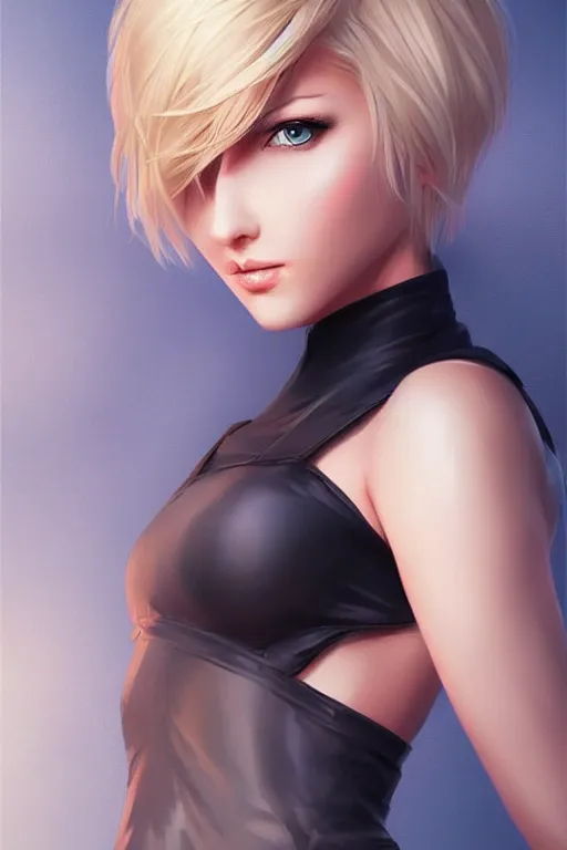 Image similar to beautiful girl short blonde hair with black hair, digital art from artstation by artgerm, hd, 4 k