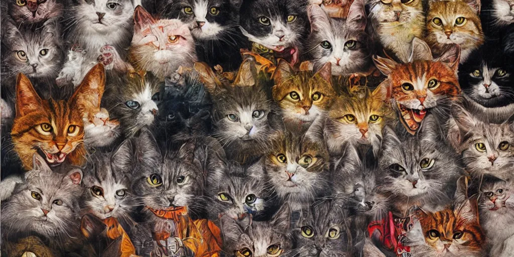 Image similar to mad cats, collage, acrylic on canvas, muralism, high resolution, cinematic, unreal 6 breathtaking detailed, breathtaking detailed, by blake neubert