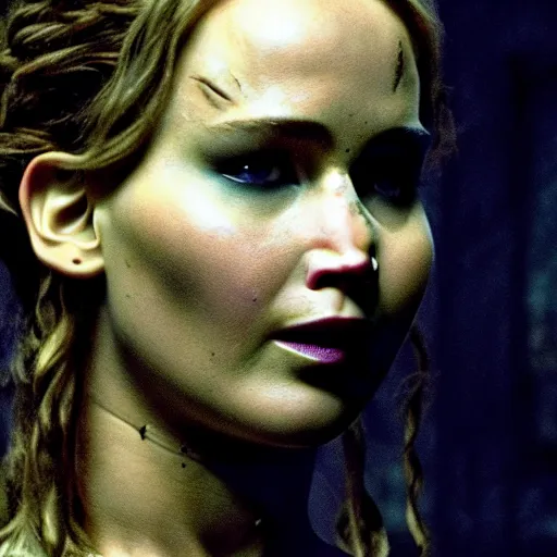 Image similar to jennifer lawrence as frankenstein's monster, color photography, sharp detail, still from the movie