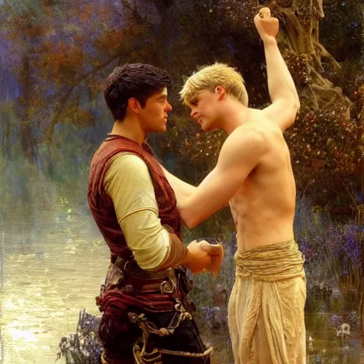 Image similar to attractive arthur pendragon confesses his love to attractive male merlin. highly detailed painting by gaston bussiere, craig mullins, j. c. leyendecker 8 k