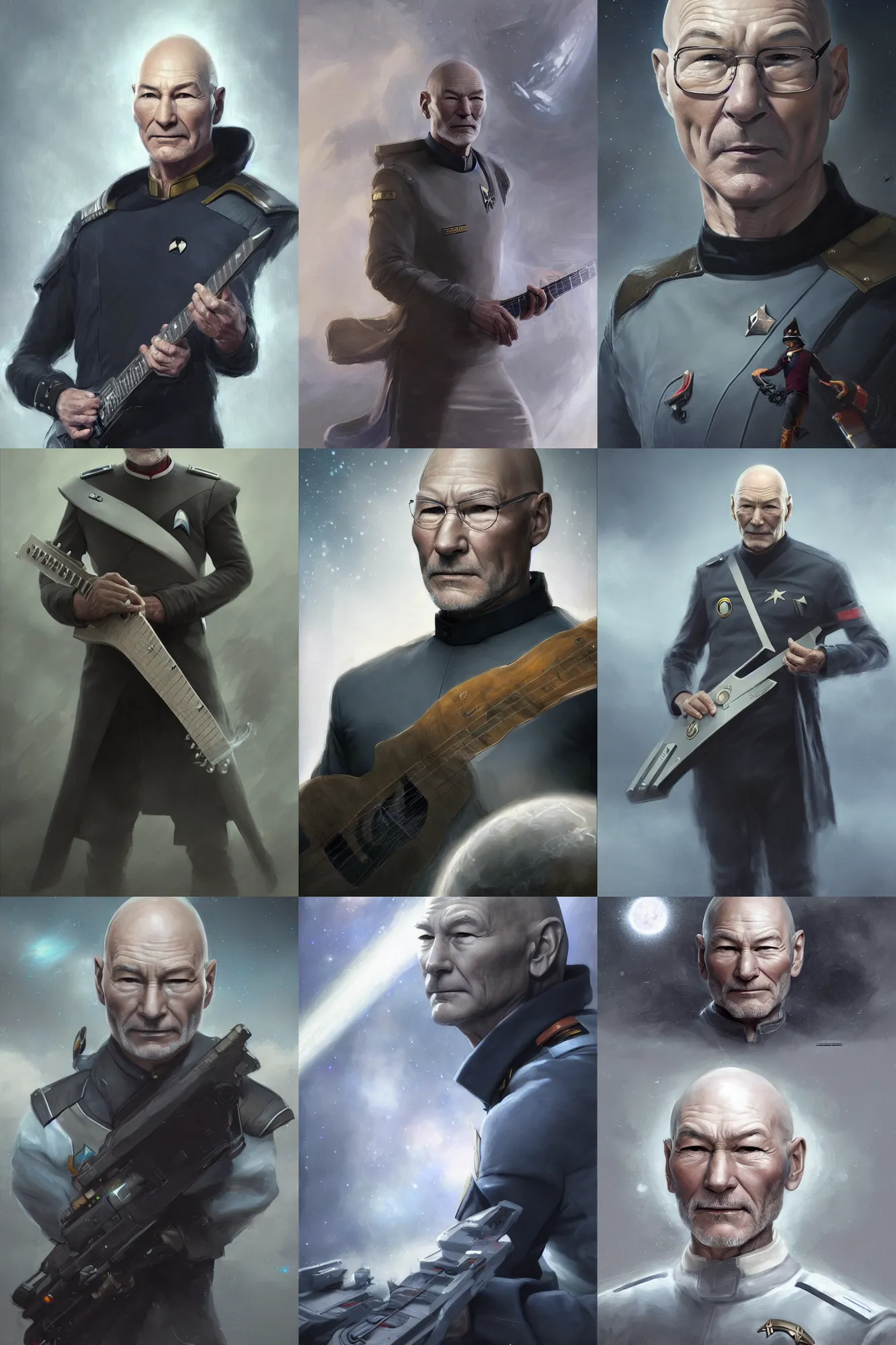 Prompt: patrick stewart in a star fleet uniform with a long grey beard playing the guitar, black clothing, 3 d render, hyper - realistic detailed portrait, ruan jia, wlop. scifi, fantasy, magic the gathering, hyper detailed, octane render, concept art, peter mohrbacher