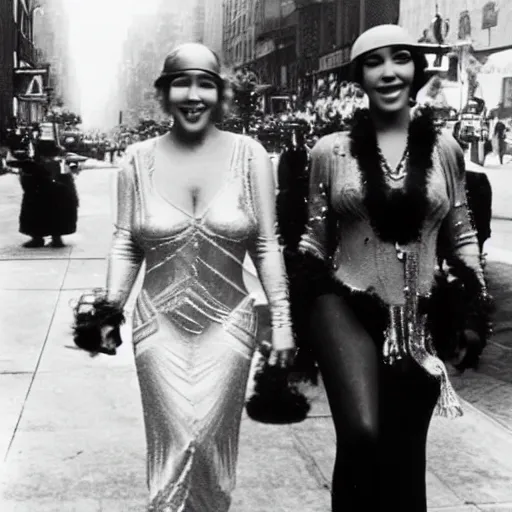 Prompt: 1920s photo of Mariah Carey and Beyonce walking down 5th Avenue