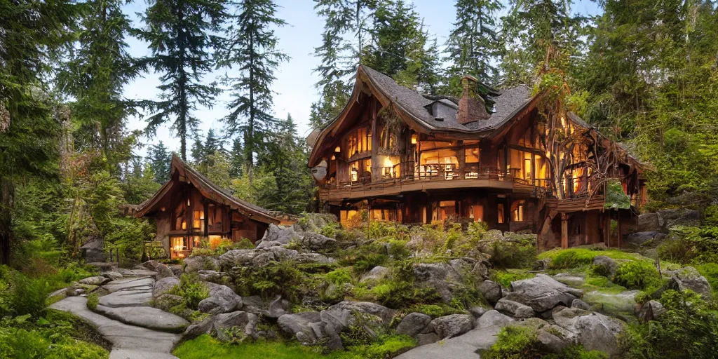 Image similar to residence in the style of rivendell, pacific northwest