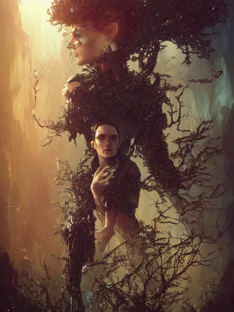 Prompt: a hyperrealistic cyberpunkpunk portrait of a gorgeous woman in the movie Annihilation, with mutated trees and trees and fractal sunlight, award-winning, masterpiece, in the style of Tom Bagshaw, Cedric Peyravernay, Peter Mohrbacher