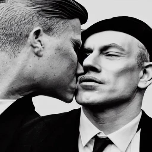 Image similar to benjamin netanyahu kissing tommy shelby, photorealistic, detailed