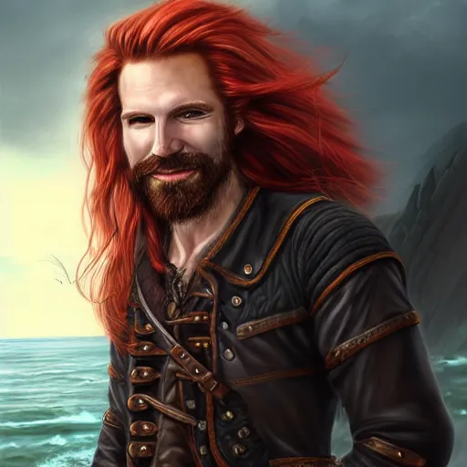 Prompt: portrait of a rugged!!!! male captain with long red hair!!!!!!, upper body, flowing hair, ethereal, handsome, smirk, leather coat, pirate!!!!!!!, ocean, D&D, fantasy, simple clothing!!!!, elegant, highly detailed, digital painting, cinematic lighting, stunning lighting, sensual, deviantart, artstation, concept art, sharp focus, illustration, art by Artgerm and Greg Rutkowski and Alphonse Mucha