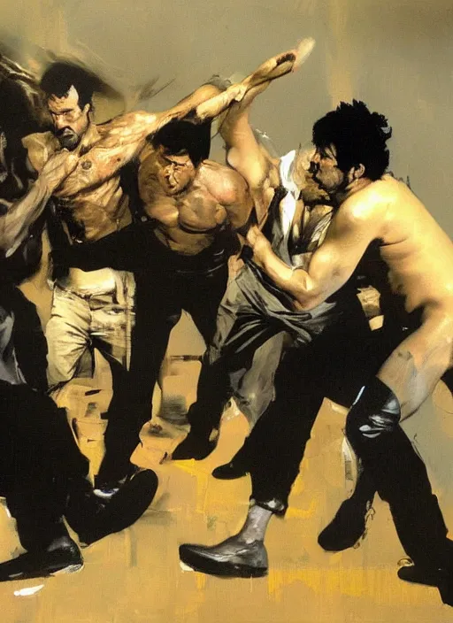 Prompt: iasip the gang painting by phil hale, francisco goya,'action lines '!!!, graphic style, visible brushstrokes, motion blur, blurry, hd image